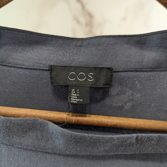 COS Dress Womens 4 Small Blue Shift Mock Neck Pockets Cupro Tunic Short Mini - Picture 3 of 11